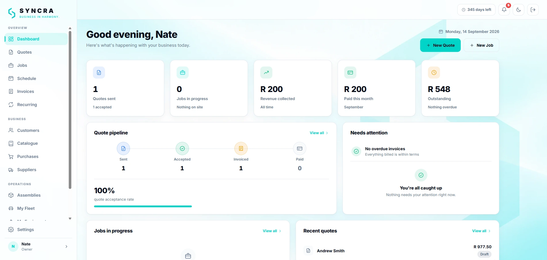 Revenue and outstanding invoices on the Syncra dashboard